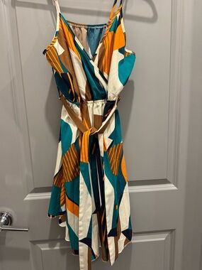 Women's Teal Brown and Mustard Print Dress with belt tie